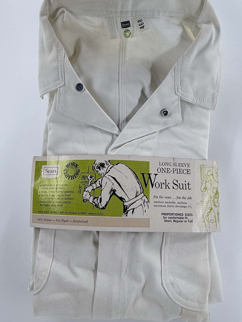 Vintage 60s 70s Sears Deadstock Coveralls 46R White USA NOS Workwear